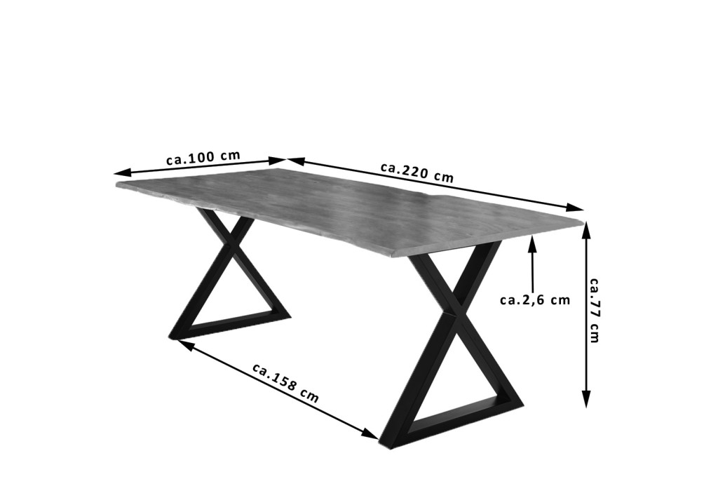 Esstisch Baumkante massiv Akazie nussbaum 220 x 100 schwarz X-Gestell LUBIN