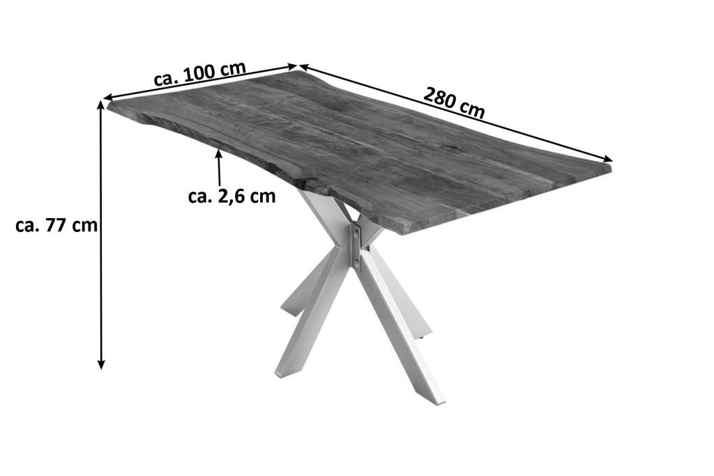 Esstisch Baumkante massiv Akazie nussbaum 280 cm Spider-Gestell silber HELENE